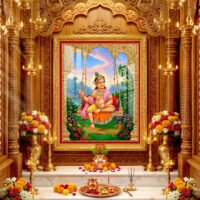 Shree Ghanshyam Maharaj seated on a decorative swing surrounded by green trees, colorful flowers and beautiful temple artwork.