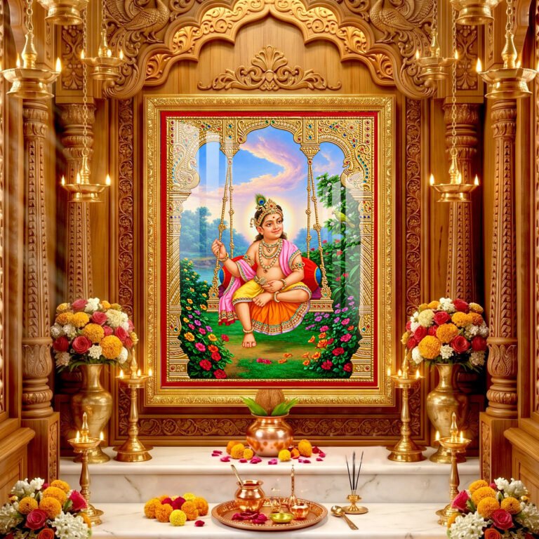 Shree Ghanshyam Maharaj seated on a decorative swing surrounded by green trees, colorful flowers and beautiful temple artwork.