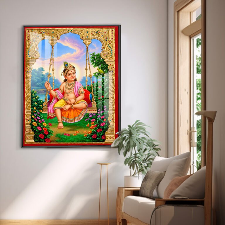 Shree Ghanshyam Maharaj Divine Hindola Darshan Artwork  l 24K Gold Acrylic Vertical Wallart Hover Image